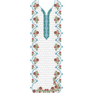 Floral Slit Neckline Embroidery Design with Honeycomb Net Background and Delicate Vine Borders