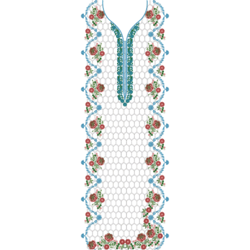 Floral Slit Neckline Embroidery Design with Honeycomb Net Background and Delicate Vine Borders