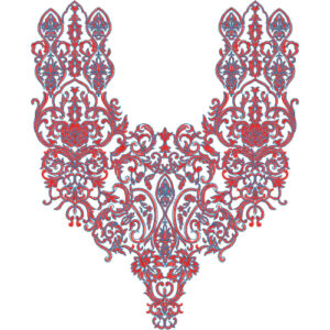 Ornate Baroque Neckline Embroidery Design with Symmetrical Scrollwork and Paisley Motifs