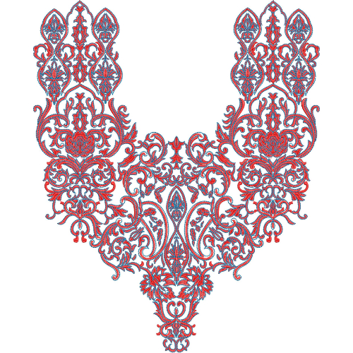 Ornate Baroque Neckline Embroidery Design with Symmetrical Scrollwork and Paisley Motifs