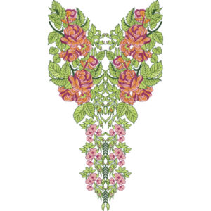 Elegant Rose Floral Neckline Embroidery Design with Dense Leaf Detailing and Cascading Vine Drop