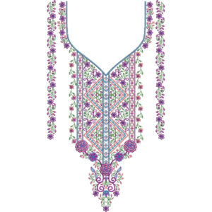 Delicate Floral V-Neckline Embroidery Design with Geometric Panel and Hanging Vine Details