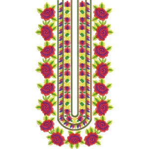 Vibrant Rose Neckline Embroidery Design with Geometric Center Panel and Symmetrical Floral Borders