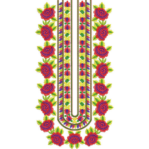 Vibrant Rose Neckline Embroidery Design with Geometric Center Panel and Symmetrical Floral Borders