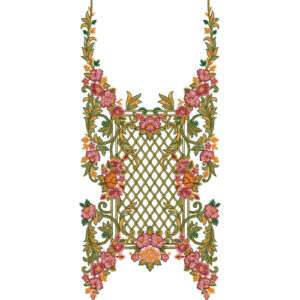 Elegant Floral Neckline Embroidery Design with Lattice Center Panel and Flowing Vine Detailing