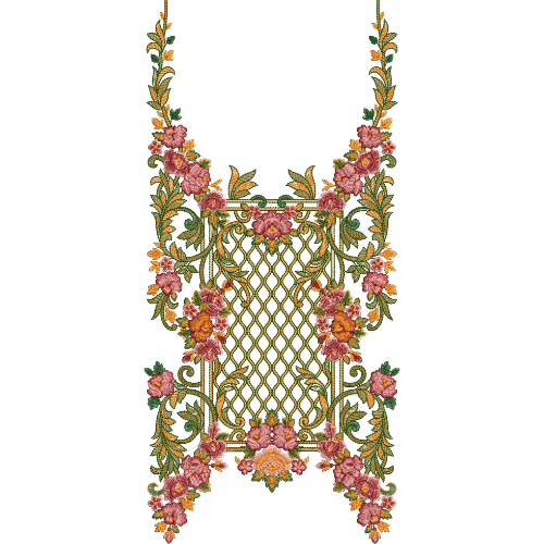 Elegant Floral Neckline Embroidery Design with Lattice Center Panel and Flowing Vine Detailing