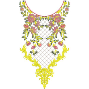 Elegant Floral Neckline Embroidery Design with Net Fill Background and Ornamental Yellow Base