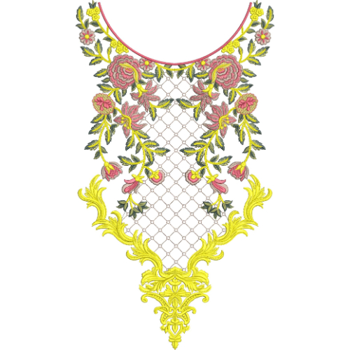 Elegant Floral Neckline Embroidery Design with Net Fill Background and Ornamental Yellow Base