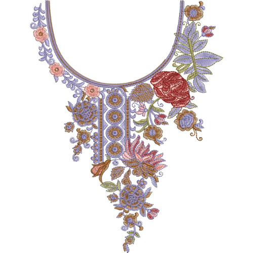 Asymmetrical Floral Neckline Embroidery Design with Ornamental Panel and Multicolor Motifs