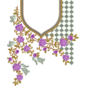 Asymmetrical Floral Neckline Embroidery Design with Diamond Check Panel and Rose Vine Detailing