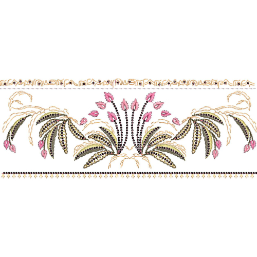 Ornamental Lace Embroidery Border with Fan-Shaped Motifs and Beaded Detailing
