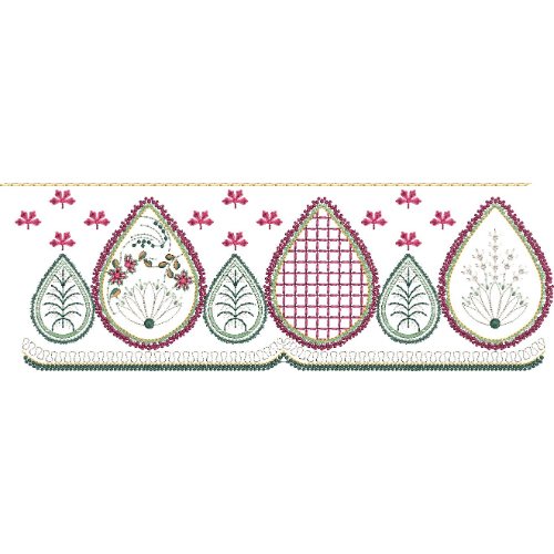 Paisley Lace Embroidery Border with Floral Fill Patterns and Scalloped Edge
