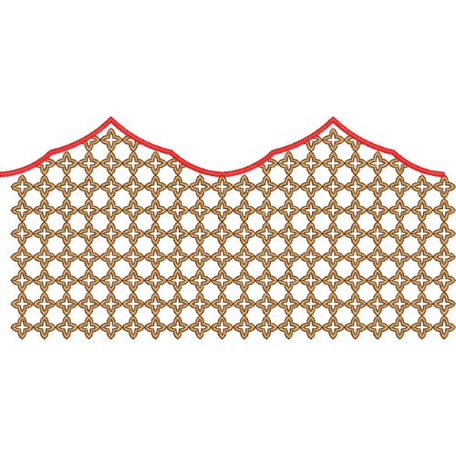 Geometric Lace Embroidery Border with Clover Motif Fill and Scalloped Neckline Edge