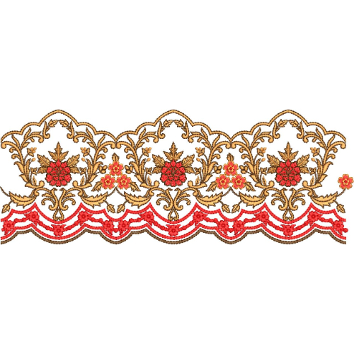Ornamental Floral Lace Embroidery Border with Scalloped Edge and Decorative Vine Motifs
