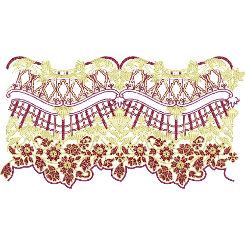 Multi-Layer Lace Embroidery Border with Wave Pattern, Net Detailing, and Floral Scalloped Edge