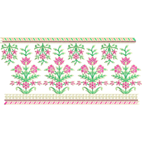 Floral Lace Embroidery Border with Symmetrical Blossom Motifs and Decorative Bands
