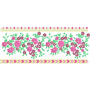 Floral Lace Embroidery Border with Dense Blossom Arrangement and Decorative Linear Bands