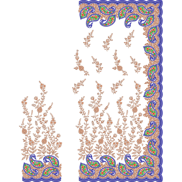 Colorful Paisley and Floral Vine Saree Embroidery Design with Decorative Scalloped Border