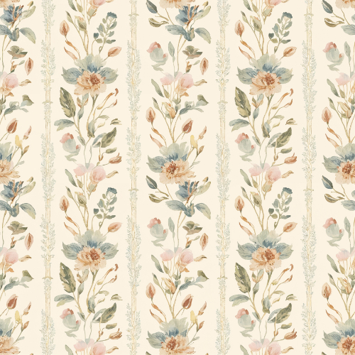 Vintage Botanical Floral Stripe Seamless Pattern with Soft Garden Flowers