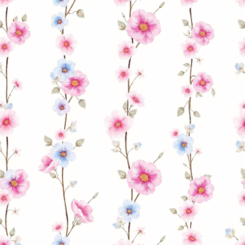 Delicate Pink and Blue Blossom Vine Seamless Pattern with Vertical Floral Stems