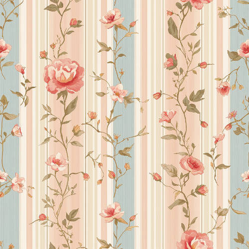 Vintage Rose Vine Stripe Seamless Pattern with Coral Garden Flowers