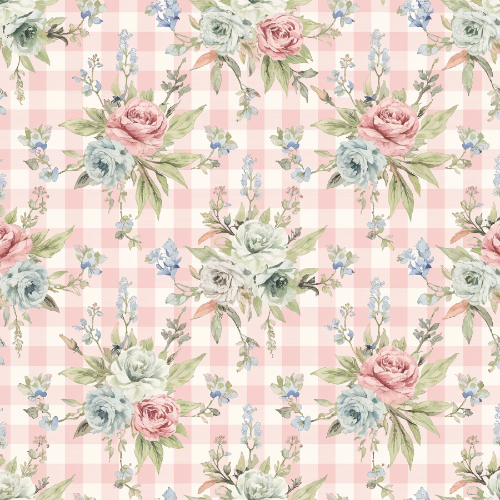 Vintage Rose Bouquet Seamless Pattern with Pink Gingham Background