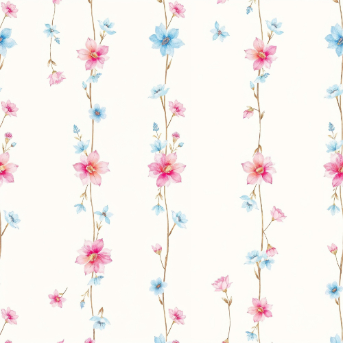 Delicate Pink and Blue Blossom Vine Seamless Pattern with Vertical Floral Stripes