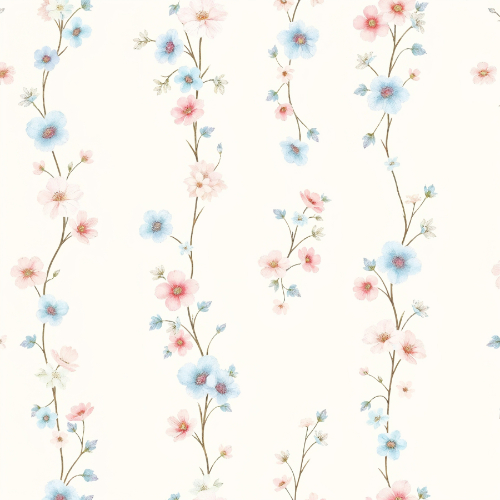 Delicate Pink and Blue Blossom Vine Seamless Pattern with Vertical Floral Stripes