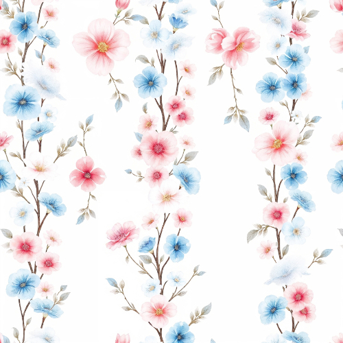 Delicate Pink and Blue Blossom Vine Seamless Pattern with Vertical Floral Branches