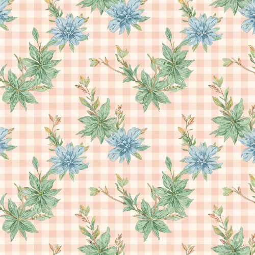 Vintage Blue Floral and Green Leaves Seamless Pattern with Peach Gingham Background