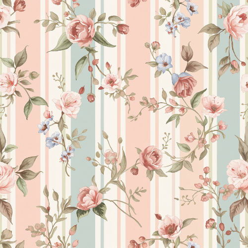 Vintage Rose Vine Stripe Seamless Pattern with Pastel Garden Flowers