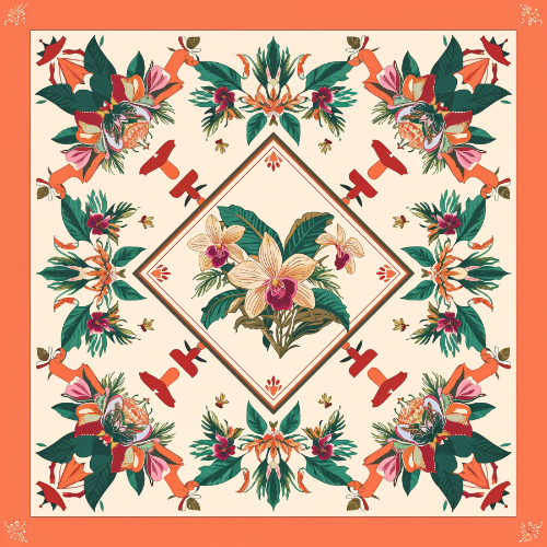 Ornamental Tropical Floral Scarf Seamless Pattern with Birds and Botanical Motifs