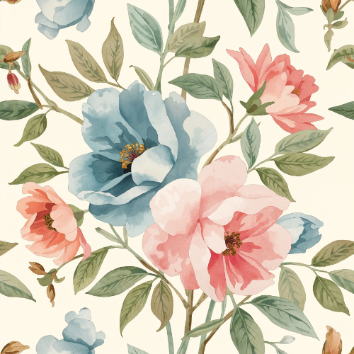 Elegant Peach and Blue Garden Blossom Seamless Pattern with Botanical Leaves