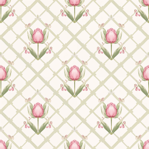 Elegant Pink Tulip Lattice Seamless Pattern with Botanical Floral Motifs