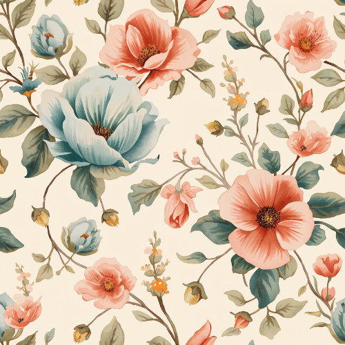 Vintage Blue and Coral Garden Floral Seamless Pattern Design