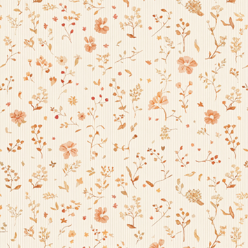 Delicate Peach Wildflower Meadow Seamless Pattern with Vintage Stripe Texture