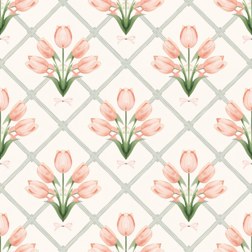 Elegant Peach Tulip Bouquet Seamless Pattern with Vintage Lattice Design