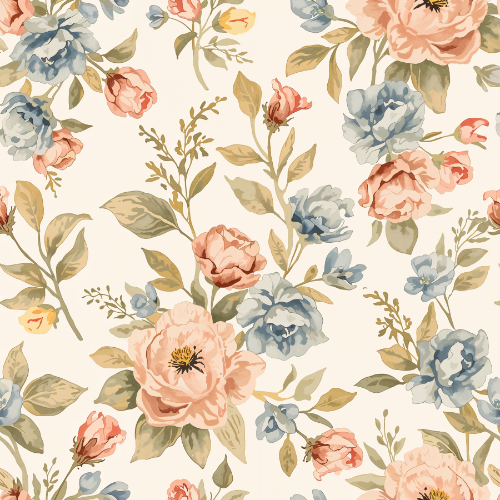 Vintage Peach and Blue Garden Floral Seamless Pattern with Botanical Leaves