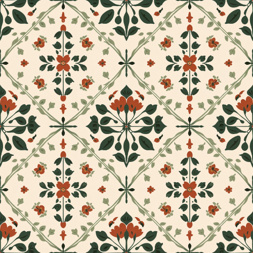Vintage Folk Floral Tile Seamless Pattern with Geometric Botanical Motifs