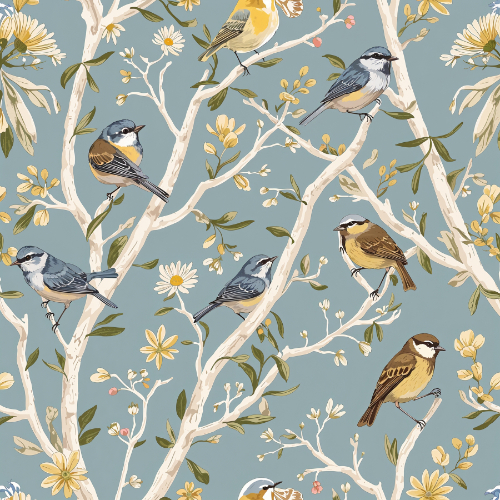 Vintage Bird and Blossom Seamless Pattern with Botanical Branches