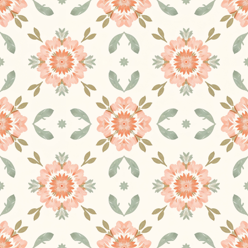 Vintage Peach Floral Medallion Seamless Pattern with Botanical Motifs