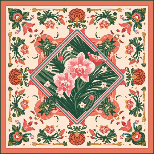 Ornamental Tropical Floral Tile Seamless Pattern with Vintage Botanical Motifs