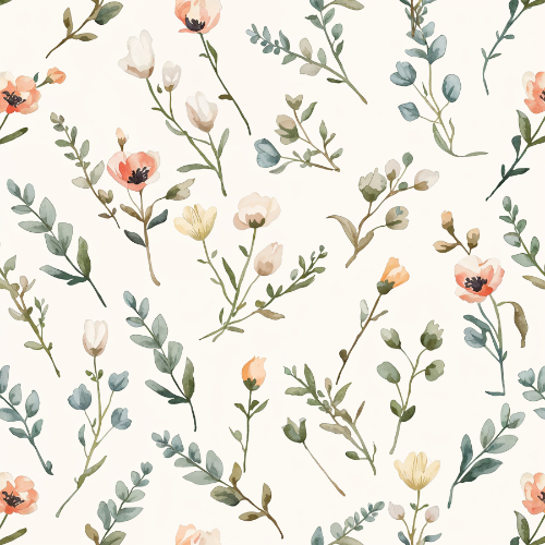 Delicate Wildflower Botanical Seamless Pattern with Soft Pastel Sprigs