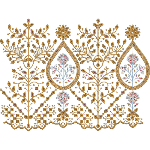 Elegant Paisley Floral Vine Scalloped Lace Embroidery Border Design
