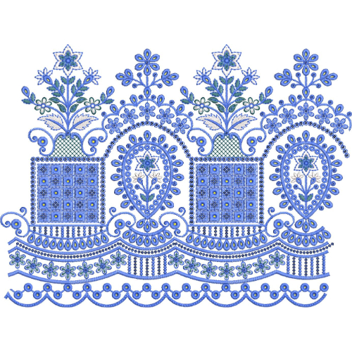 Elegant Floral Vase Medallion Scalloped Lace Embroidery Border Design