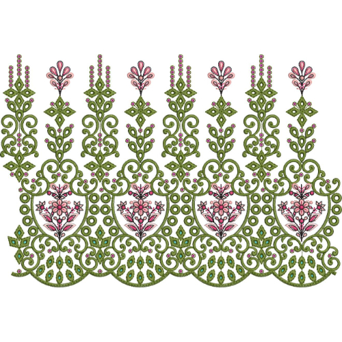 Elegant Floral Scroll Heart Medallion Scalloped Lace Embroidery Border Design