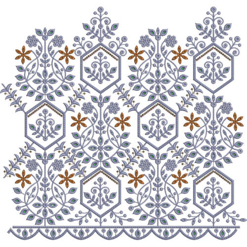 Elegant Hexagonal Floral Vine Scalloped Lace Embroidery Border Design