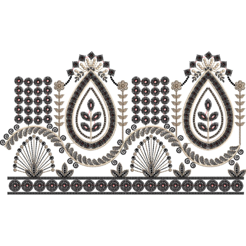 Ornamental Paisley Floral Lace Embroidery Border with Decorative Fan Motifs