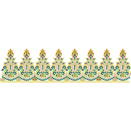 Royal Paisley Scalloped Lace Embroidery Border with Ornamental Crown Motifs