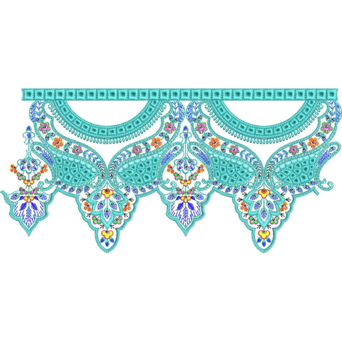 Elegant Paisley Scalloped Lace Embroidery Border with Multicolor Floral Accents